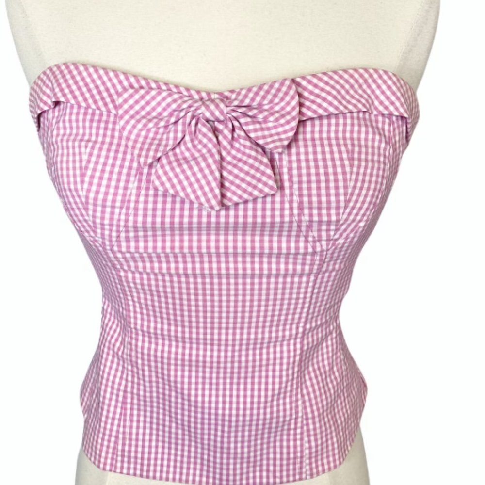 In Search Of Nanette Lepore Pink White Gingham Check Strapless Corset Bu…